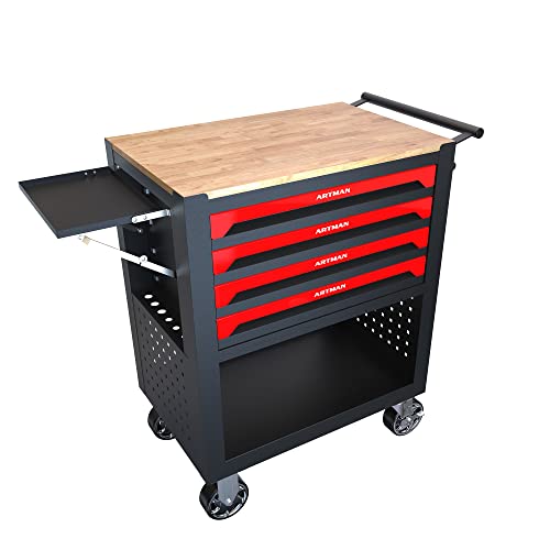 36" Tool Box with Wheels 4 Drawers Rolling Tool Cart, Wooden Top Workbench, 660lbs Total load Tool Cabinet with Locked Drawers Storage Organizer Cabinet for Garage, Warehouse, Repair Shop - Red