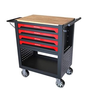 36" Tool Box with Wheels 4 Drawers Rolling Tool Cart, Wooden Top Workbench, 660lbs Total load Tool Cabinet with Locked Drawers Storage Organizer Cabinet for Garage, Warehouse, Repair Shop - Red