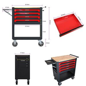 36" Tool Box with Wheels 4 Drawers Rolling Tool Cart, Wooden Top Workbench, 660lbs Total load Tool Cabinet with Locked Drawers Storage Organizer Cabinet for Garage, Warehouse, Repair Shop - Red