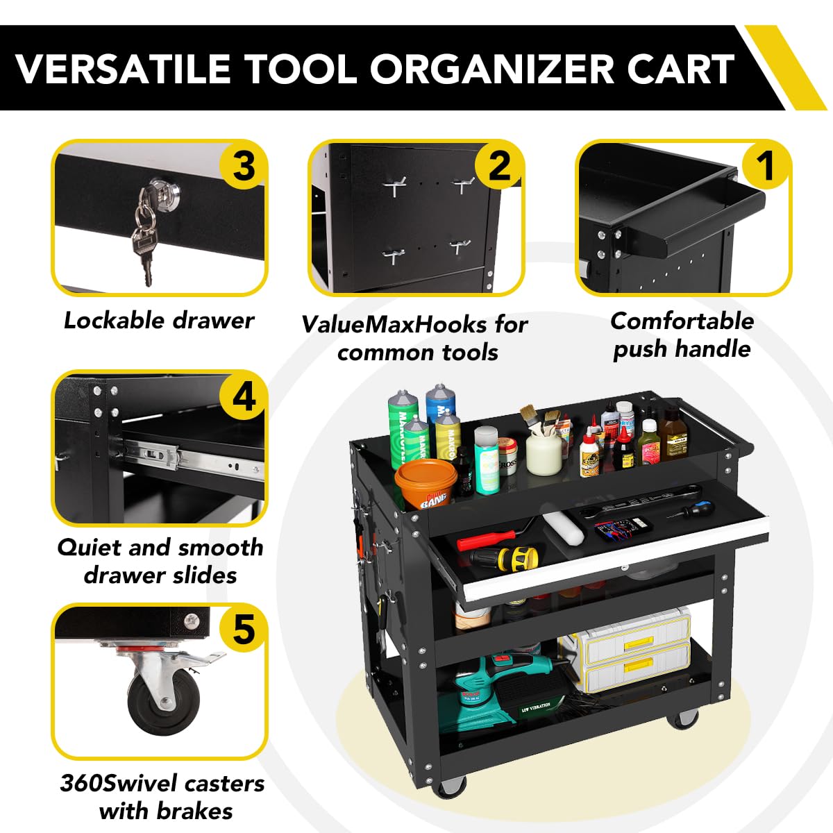 SUN & SUMMER Tool Chest with Wheels, Rolling 3-Tier Tool Box with Wheels 330 LBS Capacity Heavy Duty Utility Industrial Service Cart with Locking System Drawer for Garage, Warehouse & Repair Shop