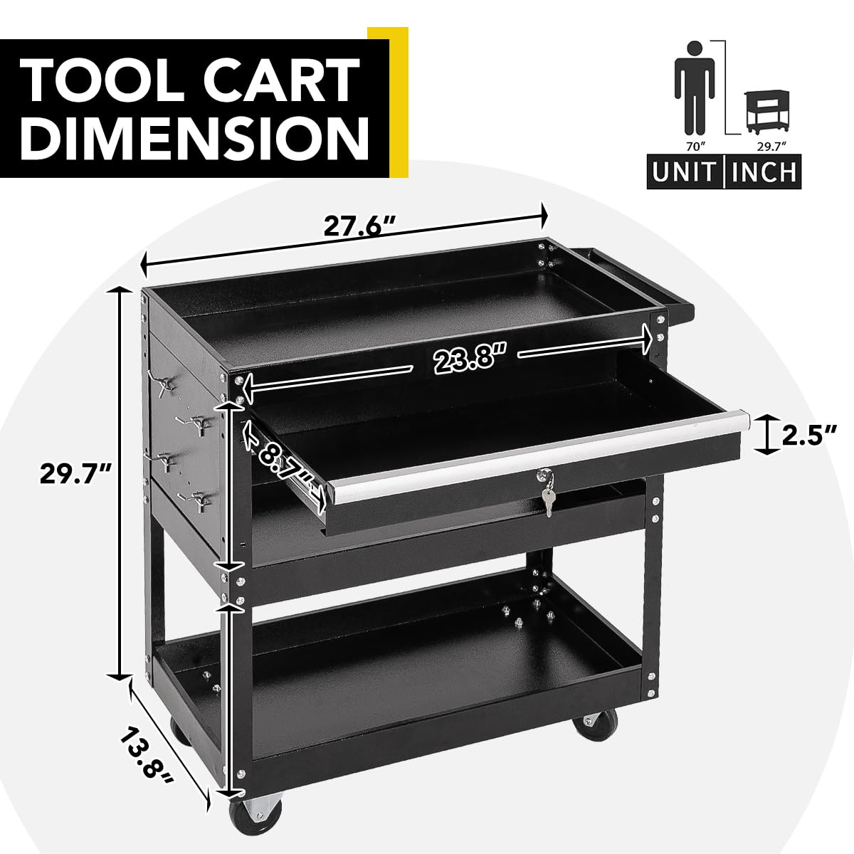 SUN & SUMMER Tool Chest with Wheels, Rolling 3-Tier Tool Box with Wheels 330 LBS Capacity Heavy Duty Utility Industrial Service Cart with Locking System Drawer for Garage, Warehouse & Repair Shop