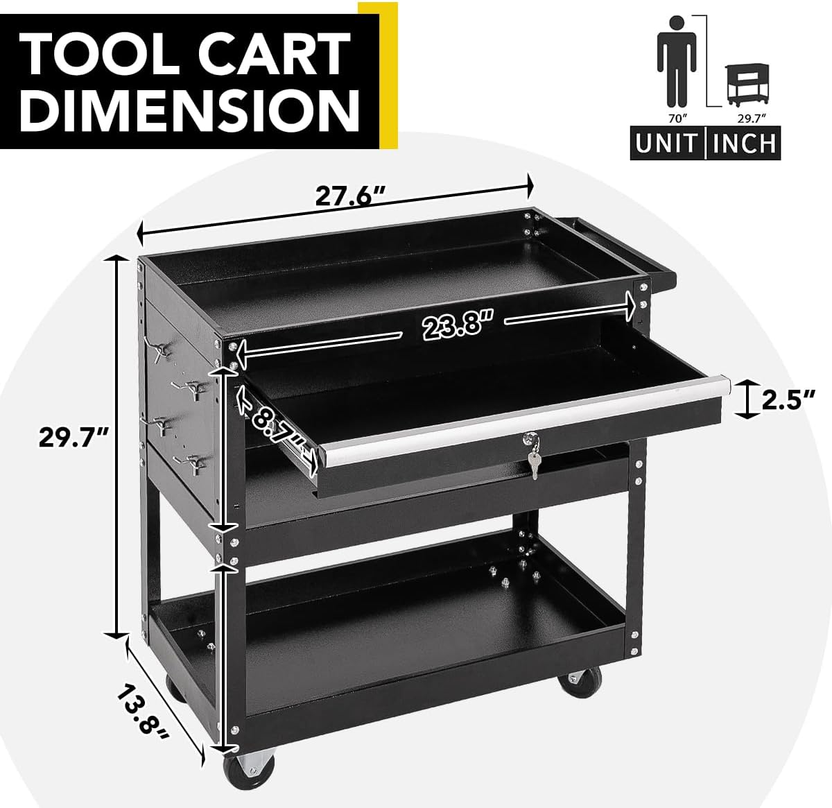 SUN & SUMMER Tool Chest with Wheels, Rolling 3-Tier Tool Box with Wheels 330 LBS Capacity Heavy Duty Utility Industrial Service Cart with Locking System Drawer for Garage, Warehouse & Repair Shop