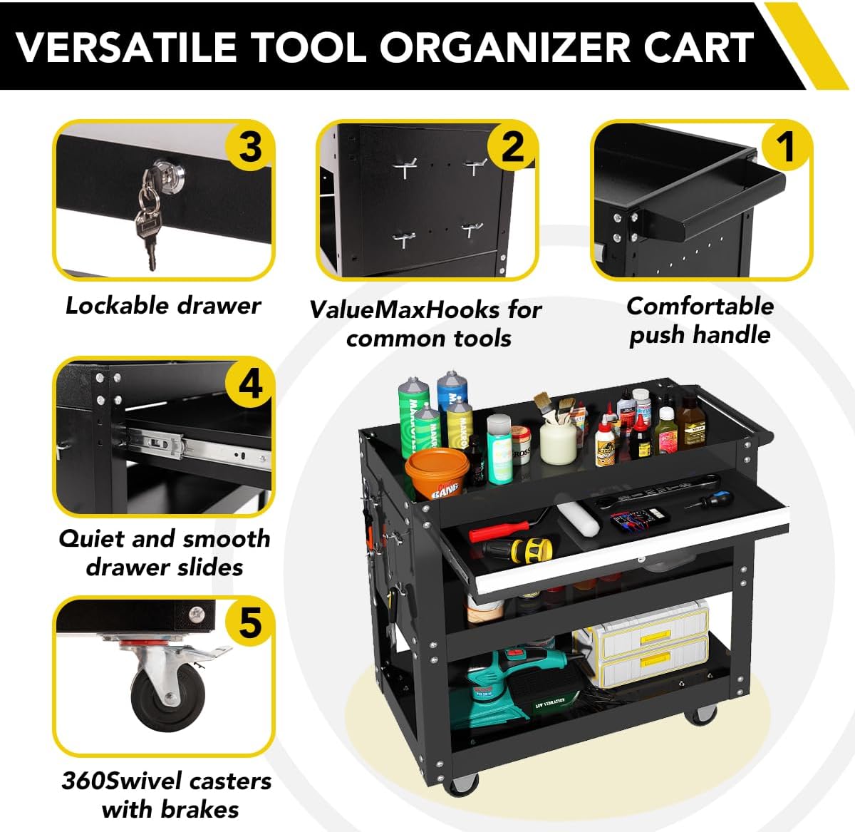 SUN & SUMMER Tool Chest with Wheels, Rolling 3-Tier Tool Box with Wheels 330 LBS Capacity Heavy Duty Utility Industrial Service Cart with Locking System Drawer for Garage, Warehouse & Repair Shop