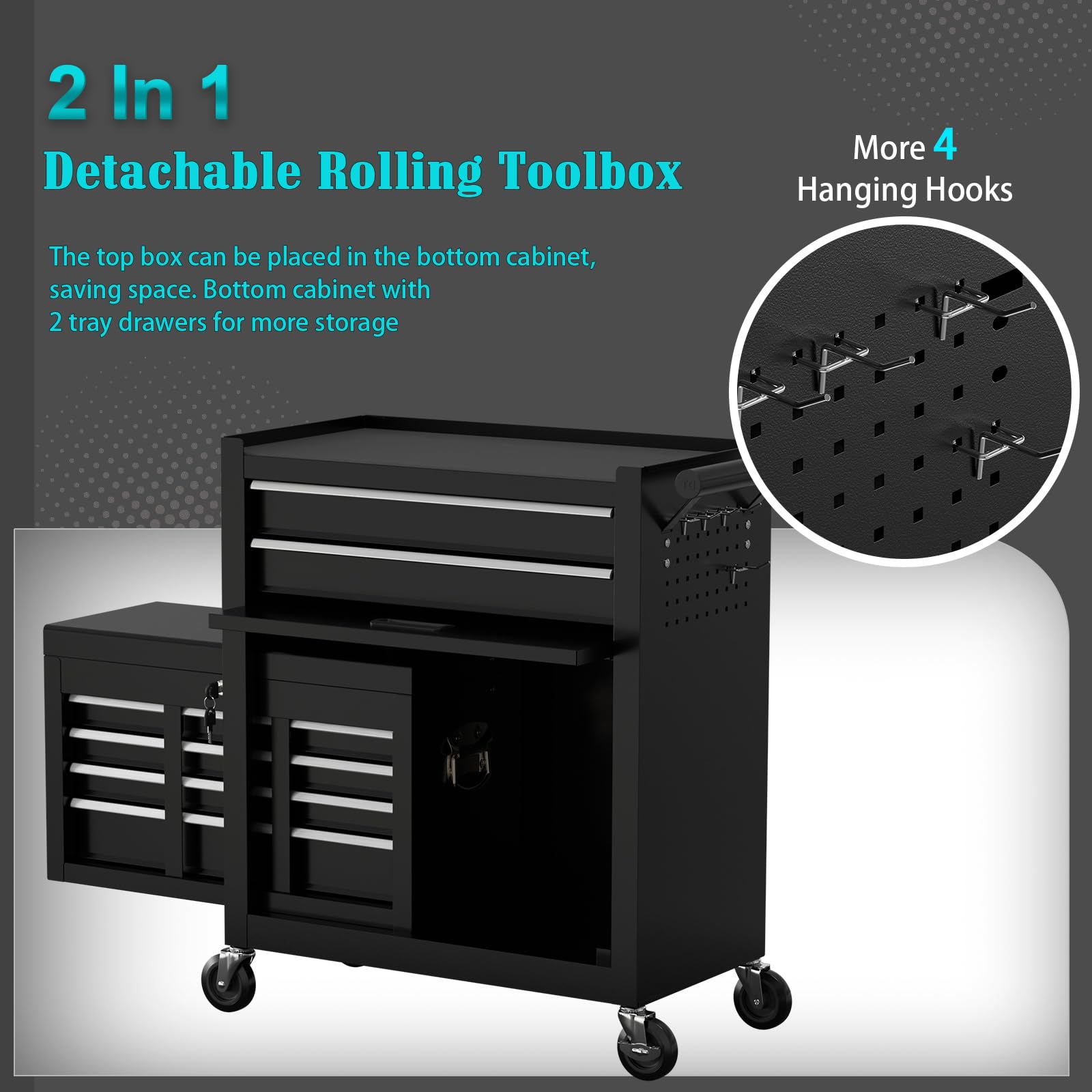 Yenntrss 8-Drawer Rolling Tool Chest & Removable with Wheels,Large Tool Storage Cabinet with Drawers for Garage,Toolbox Organizer with Lock for Mechanics,Warehouse,Worlshop (Black)