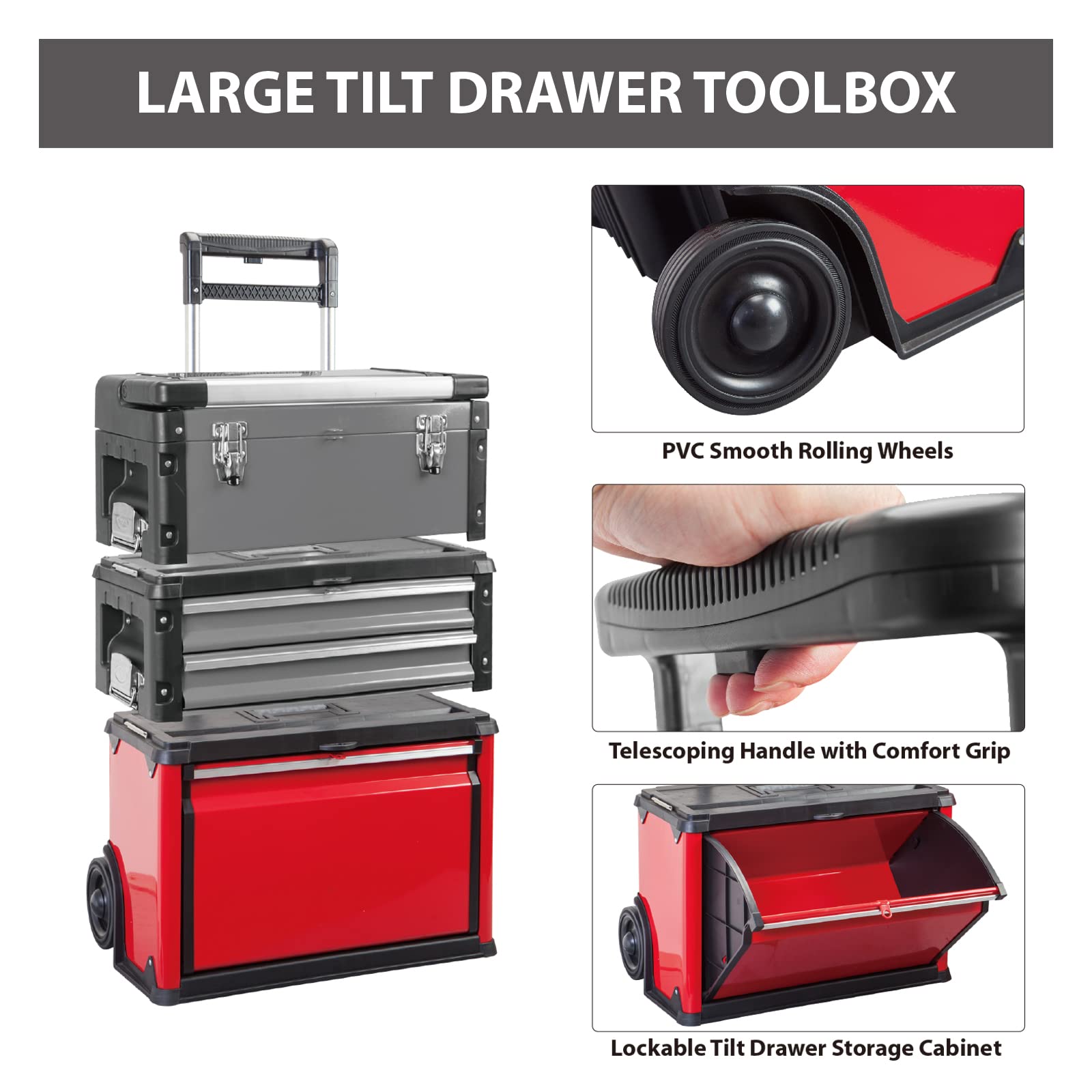 BIG RED Stackable Portable Metal Tool Box Organizer with Wheels and 2 Drawers, Rolling Upright Trolley Tool Chest for Garage or Workshop,Red,ATRJF-C305ABDR