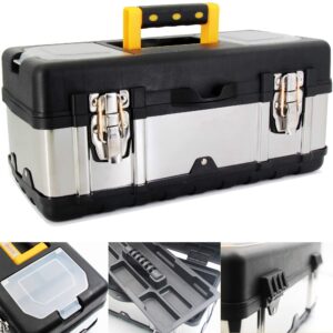 anyyion 16.5-inch tool box - portable lockable storage, stainless steel & plastic construction - removable tray, toolbox organizer truly strong and durable