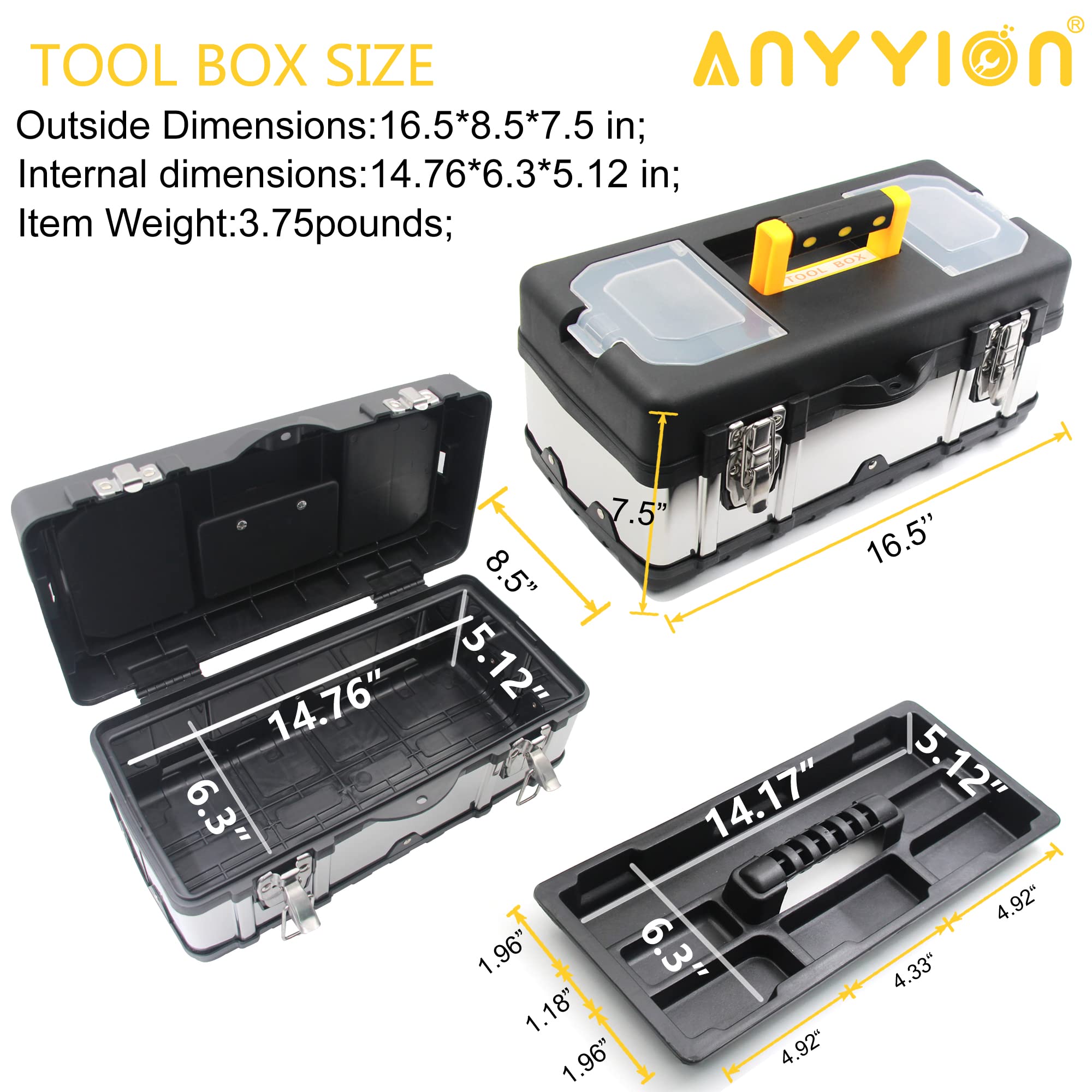 Anyyion 16.5-Inch Tool Box - Portable Lockable Storage, Stainless Steel & Plastic Construction - Removable Tray, Toolbox Organizer Truly Strong and Durable