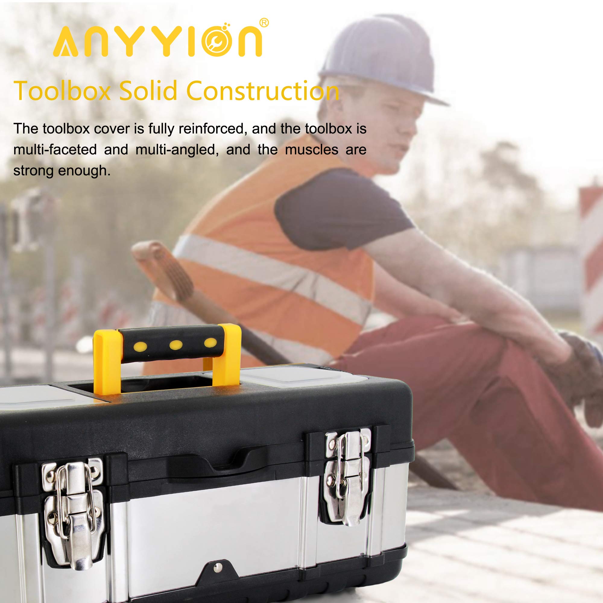 Anyyion 16.5-Inch Tool Box - Portable Lockable Storage, Stainless Steel & Plastic Construction - Removable Tray, Toolbox Organizer Truly Strong and Durable