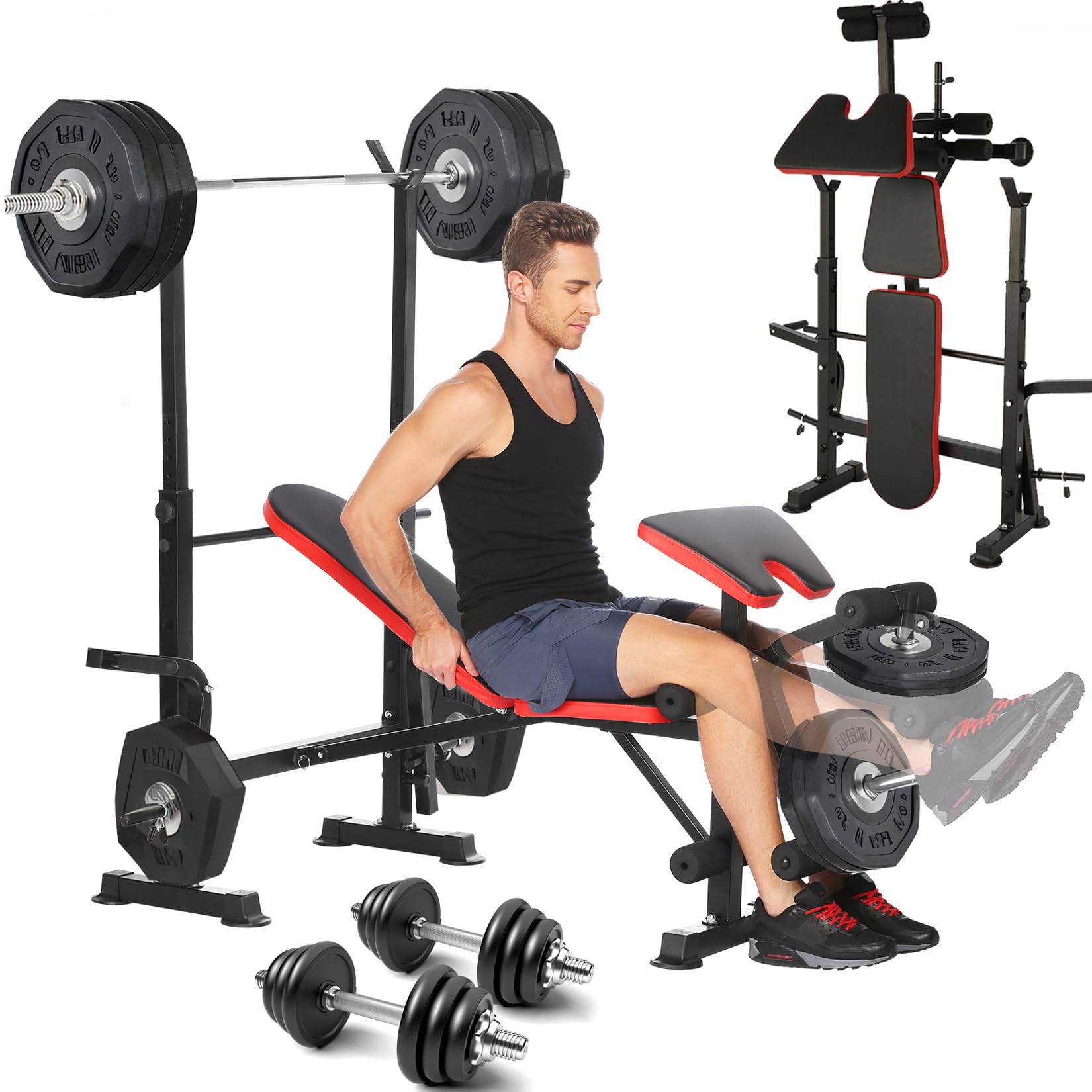 600lbs Adjustable Olympic Weight Bench with Preacher Curl & Leg Developer, Lifting Press Gym Exercise Equipment for Full-Body Workout (53 x 55.1 x 51.2 inch)