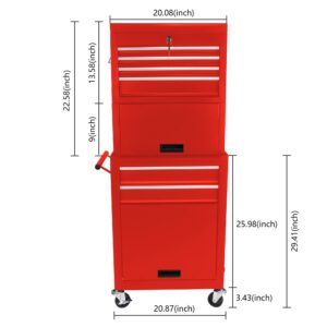 ccko 6-Drawer Rolling Tool Chest w/Lock & Key, Detachable Tool Organizer Combo High Capacity Tool Storage Cabinet w/Wheels, Movable Tool Storage Organizer Box for Garage, Warehouse & Repair Shop(Red)