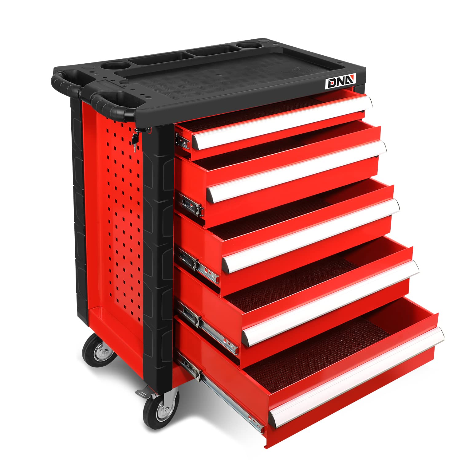 DNA MOTORING 30.5" L x 18" W x 38" H 5-Drawer Lockable Slide Tool Chest Rolling Tool Cart Cabinet (TOOLS-00001) with Keys , Red, Upgrade Package