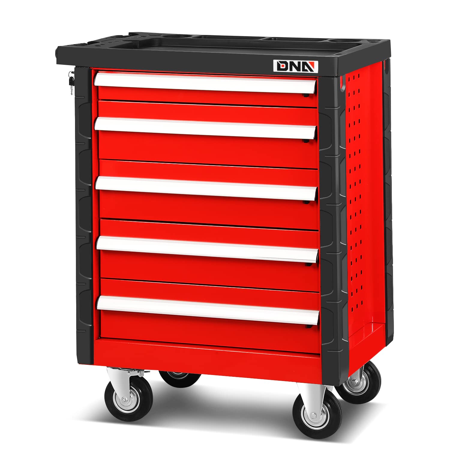 DNA MOTORING 30.5" L x 18" W x 38" H 5-Drawer Lockable Slide Tool Chest Rolling Tool Cart Cabinet (TOOLS-00001) with Keys , Red, Upgrade Package