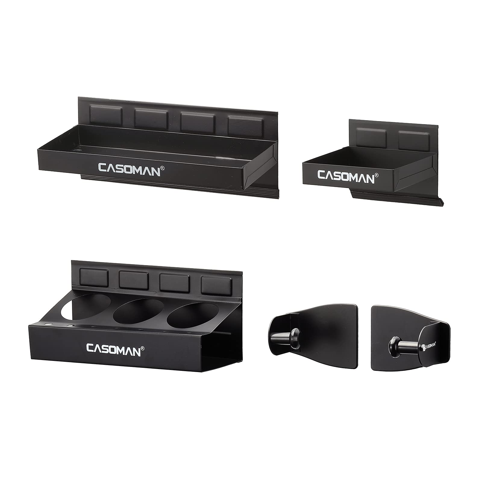 CASOMAN Magnetic Toolbox Shelf, Tray, Paper Towel Holder, 4-Piece Set, Black, Variety of Use, Durable, Magnets Any Metal Surface