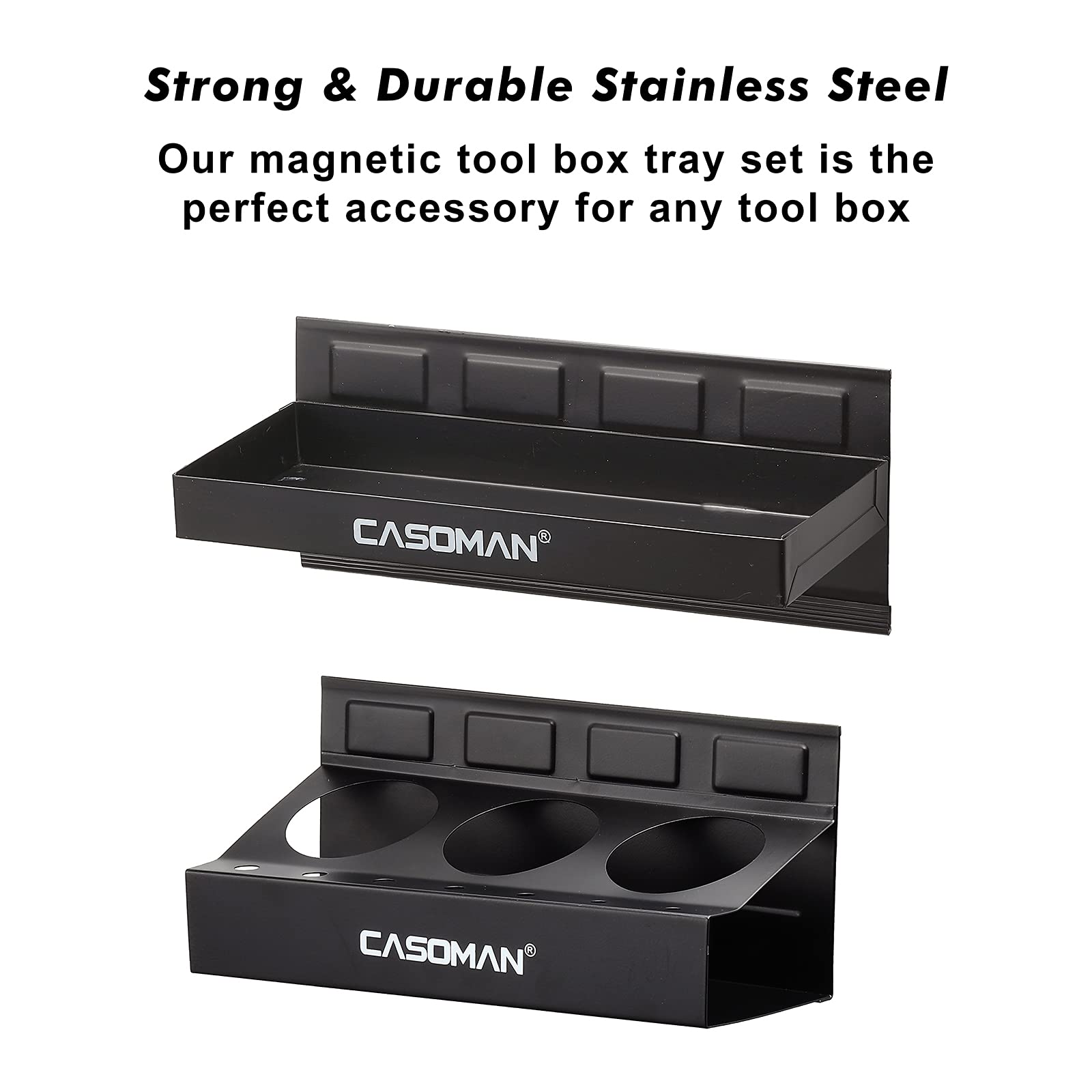 CASOMAN Magnetic Toolbox Shelf, Tray, Paper Towel Holder, 4-Piece Set, Black, Variety of Use, Durable, Magnets Any Metal Surface