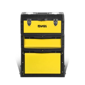 ‎dna motoring tools-00223 ‎19.5" x 28.5" x 12" 3-tier stackable separate hand case tool boxes trolley, 3-in-1 storage compartments,yellow