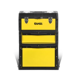 ‎DNA MOTORING TOOLS-00223 ‎19.5" x 28.5" x 12" 3-Tier Stackable Separate Hand Case Tool Boxes Trolley, 3-in-1 Storage Compartments,Yellow