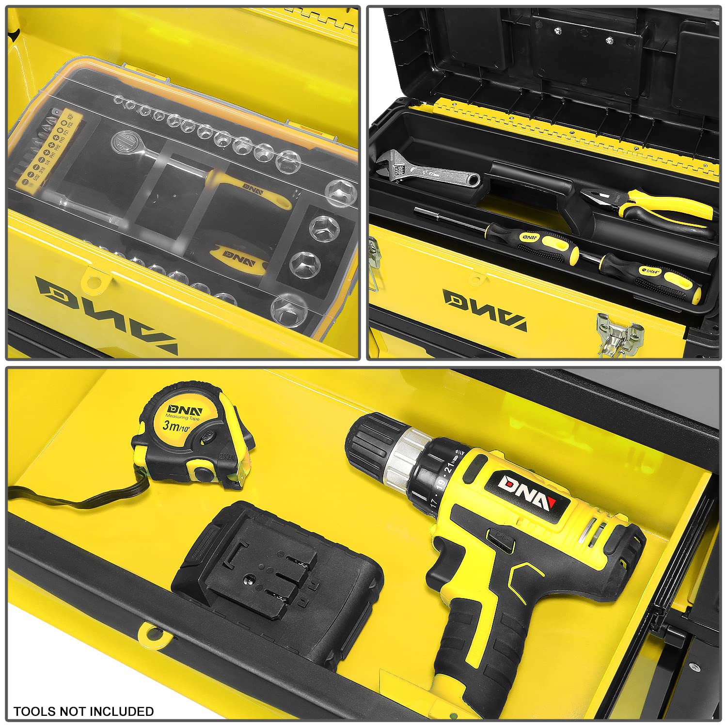 ‎DNA MOTORING TOOLS-00223 ‎19.5" x 28.5" x 12" 3-Tier Stackable Separate Hand Case Tool Boxes Trolley, 3-in-1 Storage Compartments,Yellow