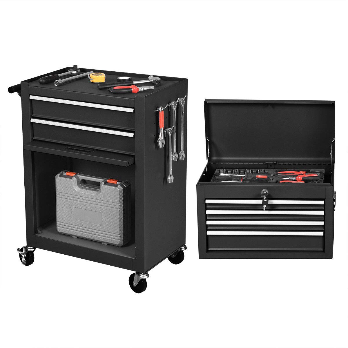 COSTWAYUS Tool Chest COSTWAY 2-in-1-Rolling-Cabinet-Storage-Chest-Box-Garage-Toolbox-Organizer-w-6-Drawers, Black