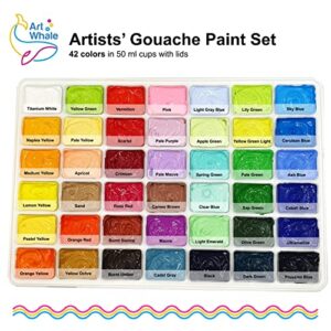Art Whale Gouache Paint Set 42 Colors 50 ml, 1.7 fl oz Cups With Lids in a Carrying Case Water-Based Paint Set for Painting on Canvas, Paper, Wood - Art Supplies For Adults, Students, and Kids