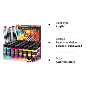 Acrylic Paint Set, 48 Colors (2 oz/Bottle) with 12 Art Brushes, Art Supplies for Painting Canvas, Wood, Ceramic & Fabric, Rich Pigments Lasting Quality for Beginners, Students & Professional Artist