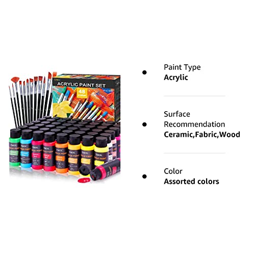 Acrylic Paint Set, 48 Colors (2 oz/Bottle) with 12 Art Brushes, Art Supplies for Painting Canvas, Wood, Ceramic & Fabric, Rich Pigments Lasting Quality for Beginners, Students & Professional Artist