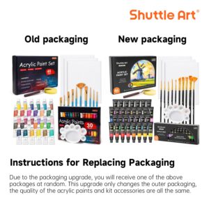 Shuttle Art 46 Pack Acrylic Paint Set, 30 Colors Acrylic Paint with 10 Brushes 3 Canvas 1 Knife Palette Sponge, Complete Gift for Kids, Adults, Beginners, Painting Wood, Ceramic