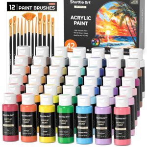 shuttle art acrylic paint, 42 colors acrylic paint set with 12 paint brushes, 2oz/60ml bottles, rich pigmented, water proof, premium paints for artists, beginners and kids on canvas rocks wood ceramic