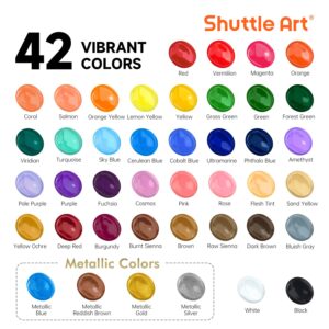 Shuttle Art Acrylic Paint, 42 Colors Acrylic Paint Set with 12 Paint Brushes, 2oz/60ml Bottles, Rich Pigmented, Water Proof, Premium Paints for Artists, Beginners and Kids on Canvas Rocks Wood Ceramic