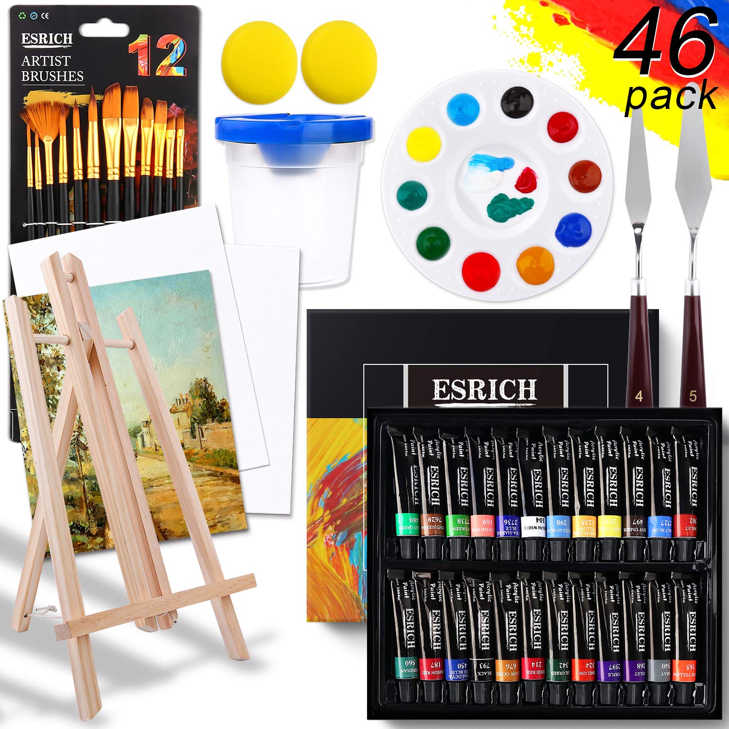 Acrylic Paint Set,46 Piece Professional Painting Supplies with Paint Brushes, Acrylic Paint, Easel, Canvases, Palette, Paint Knives, Brush Cup and Art Sponges for Hobbyists and Beginners