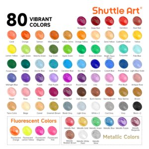 80 Colors Acrylic Paint, Shuttle Art Acrylic Paint set with 12 Paint Brushes, 2oz/60ml Bottles, Rich Pigmented, Water Proof, Premium Paints for Artists, Beginners and Kids on Canvas Rocks Wood Ceramic