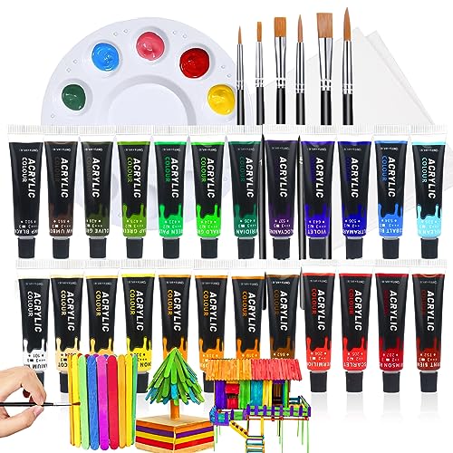 Colorful Acrylic Paint Set for Kids Crafts, 24 Colors Acrylic Art Supplies Paint with 6 Brushes &1 Palette Acrylic Crafts Paint Kit, Non-Toxic Wood Paint Kits for Kids, Beginners