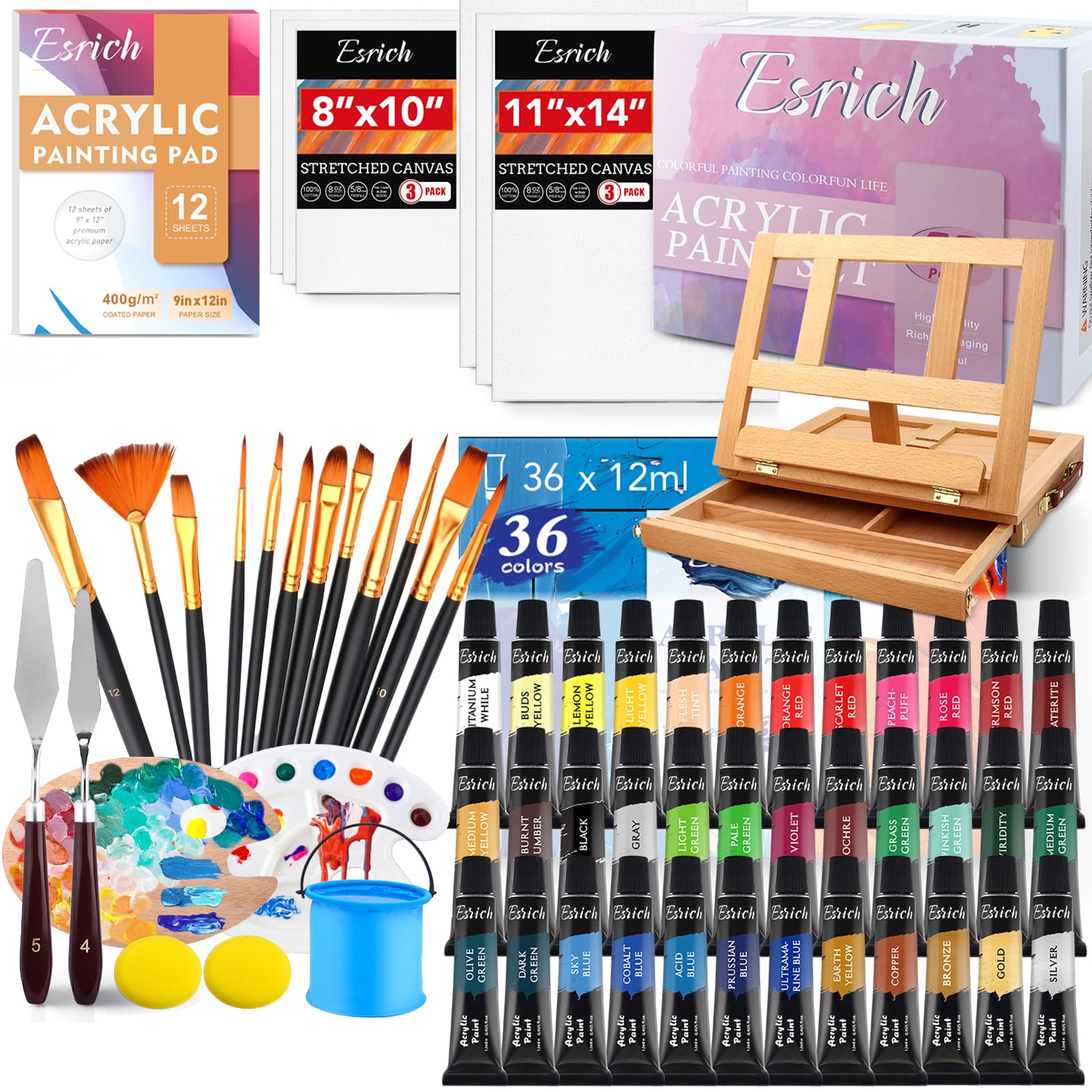 Acrylic Paint Set,74 PCS Professional Paint Supplies with Paint Brushes, Acrylic Paint,Table Easel, Canvases, Painting Pads, Palette, Paint Knives, Brush Cup and Art Sponge for Hobbyists and Beginners