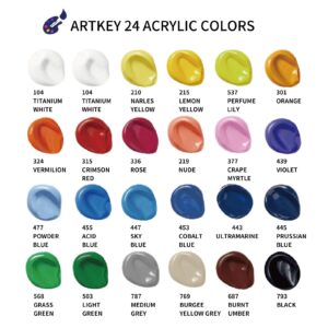 Artkey Acrylic Paint Set - 24 colors 2oz/59ml Acrylic Paints Professional Artists Painting Kit for Canvases Fabric Rock Leather Easter Egg Wood Ceramic Glass Art Craft Painting