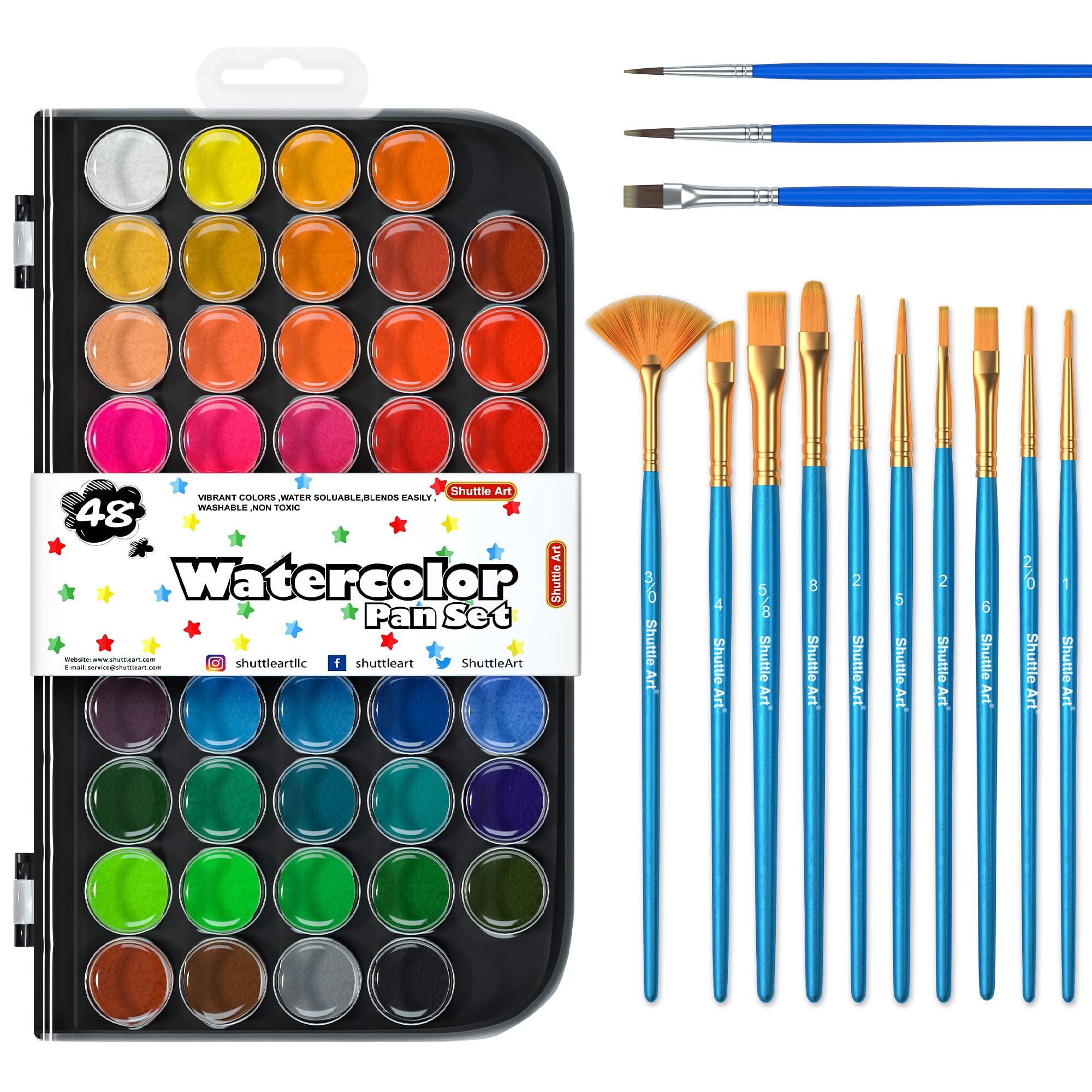 Shuttle Art 58 Pack Watercolor Paint Set, 48 Colors Watercolor Pan with 10 Paint Brushes for Beginners, Artists, Kids & Adults to Watercolor Paint, Bullet Journal, Calligraphy Practice