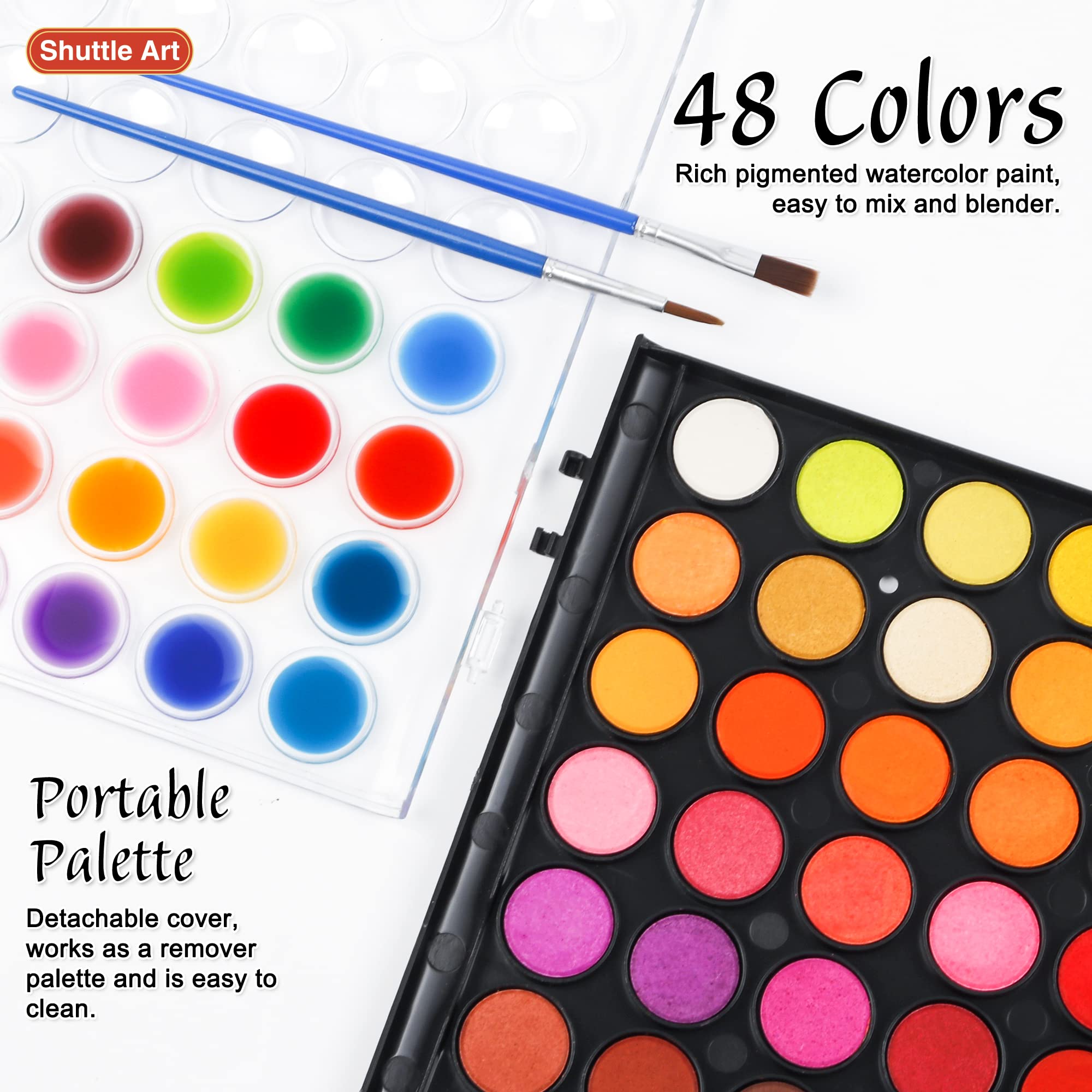 Shuttle Art 58 Pack Watercolor Paint Set, 48 Colors Watercolor Pan with 10 Paint Brushes for Beginners, Artists, Kids & Adults to Watercolor Paint, Bullet Journal, Calligraphy Practice