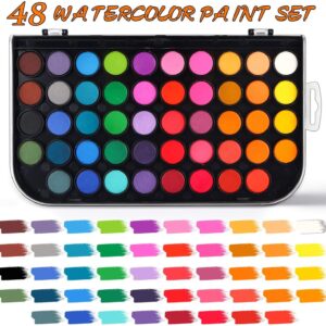 48-Color Watercolor Paint Set With Brush, Refillable Water Brush Pen, Palette, and Water-Washable Paints for Kids, Adults and Artists