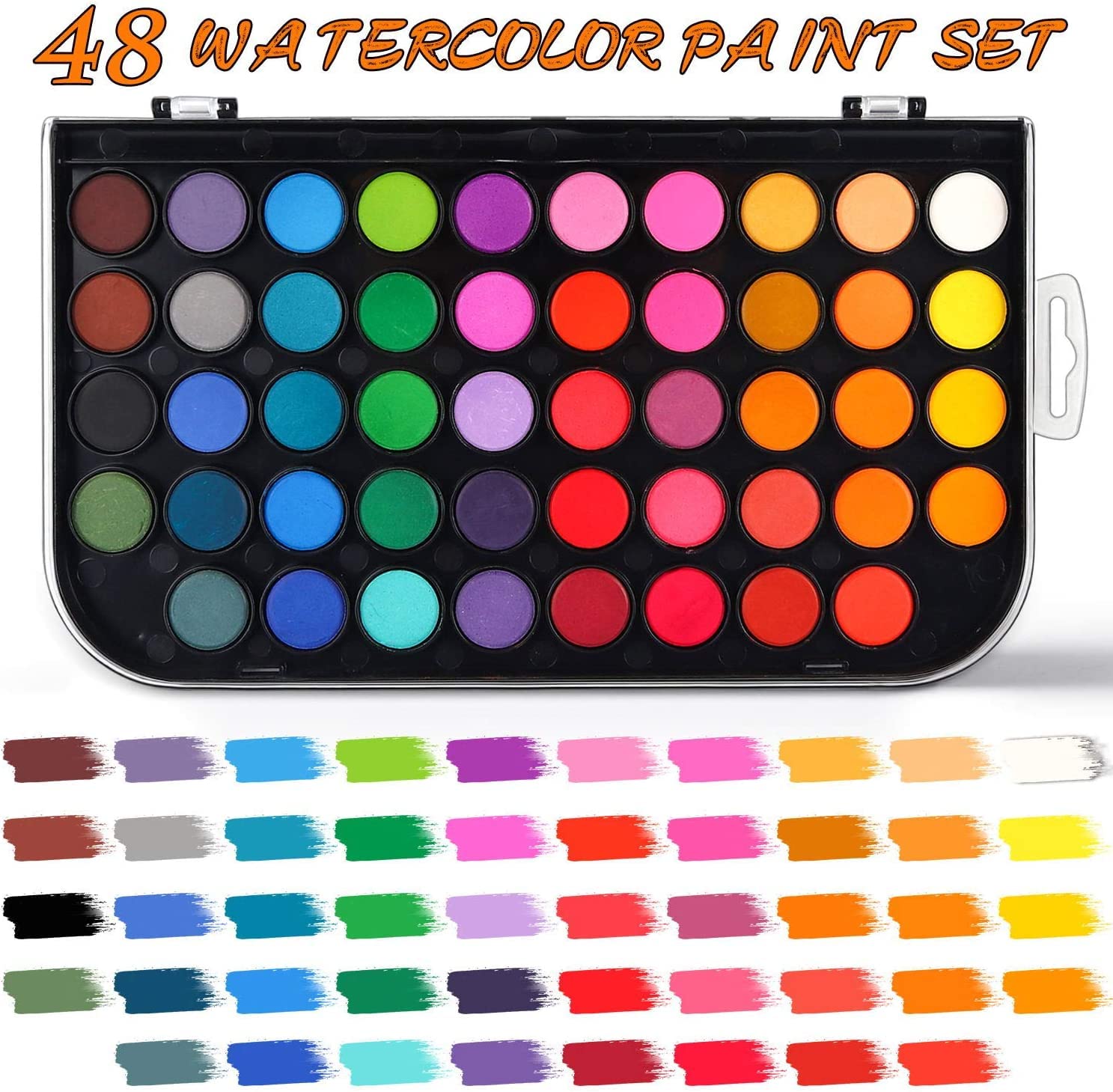 48-Color Watercolor Paint Set With Brush, Refillable Water Brush Pen, Palette, and Water-Washable Paints for Kids, Adults and Artists