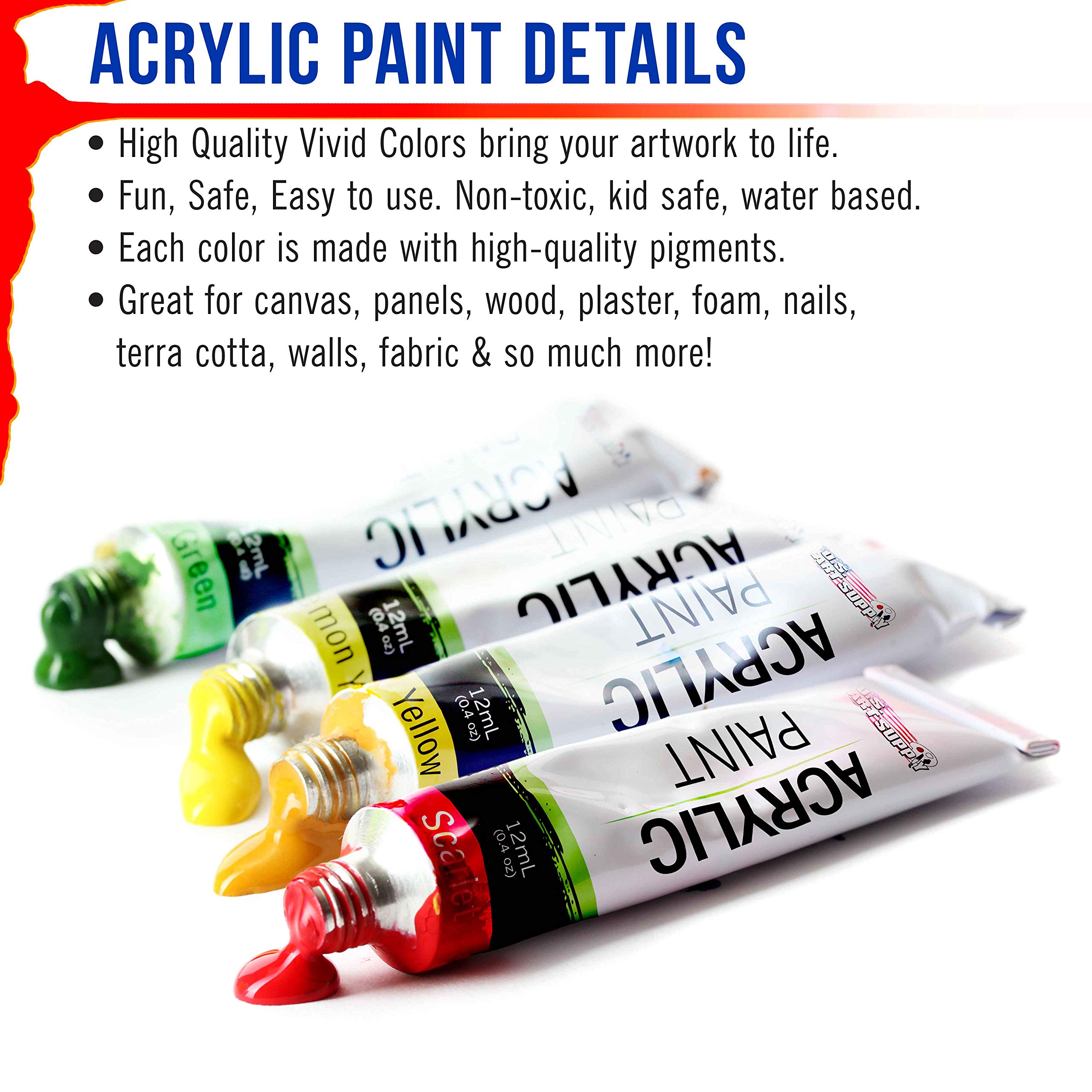 U.S. Art Supply Professional 12 Color Set of Acrylic Paint in 12ml Tubes - Rich Pigment Vivid Colors for Artists, Students, Beginners, Kids, Adults - Canvas, Portrait Paintings, Wood, Craft, Hobby