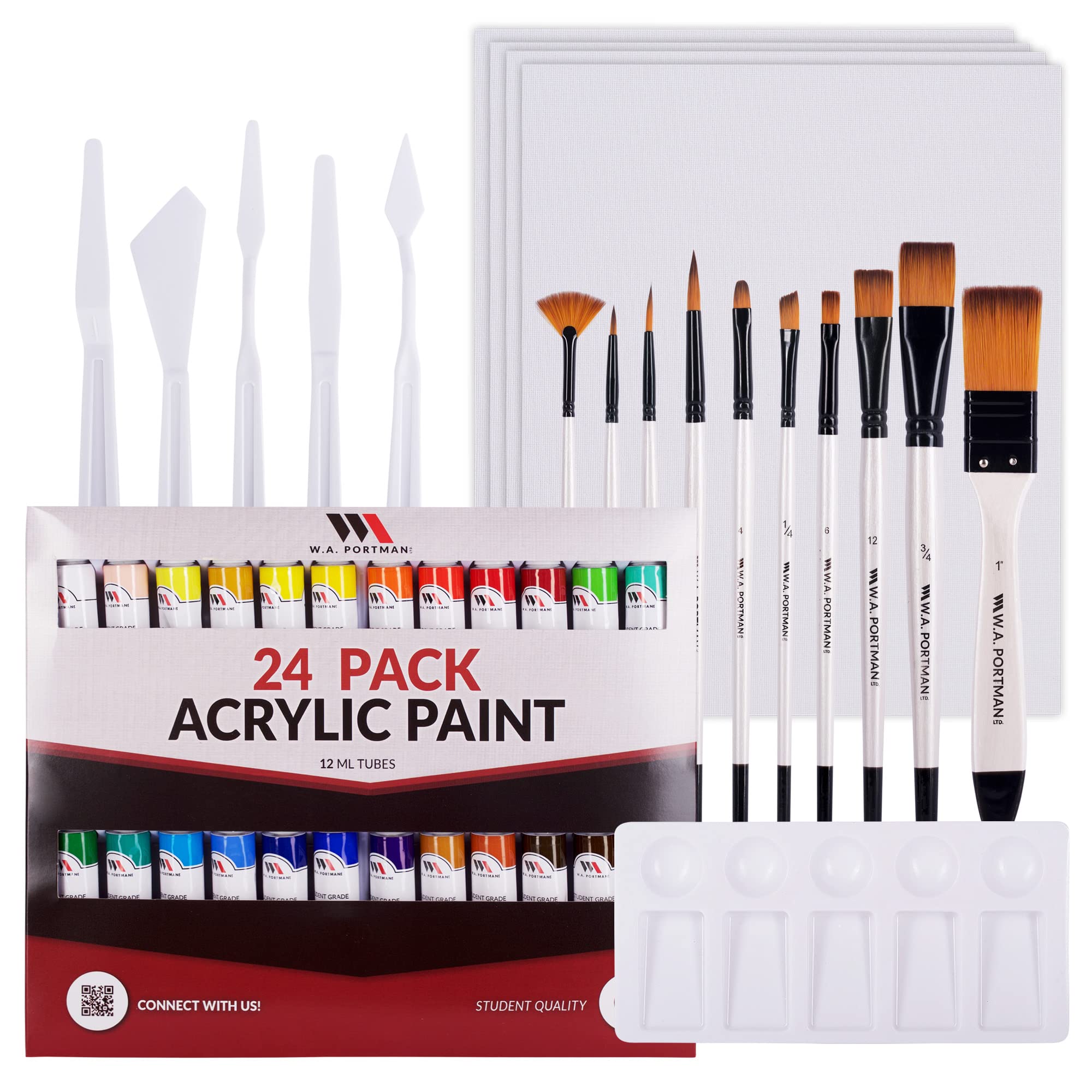 W.A. Portman Acrylic Paint Set - Paint Kit - Acrylic Paint Sets for Adults - 24 Piece Acrylic Paint Set with Canvas and Brushes - Acrylic Paints - Painting Set with Brushes