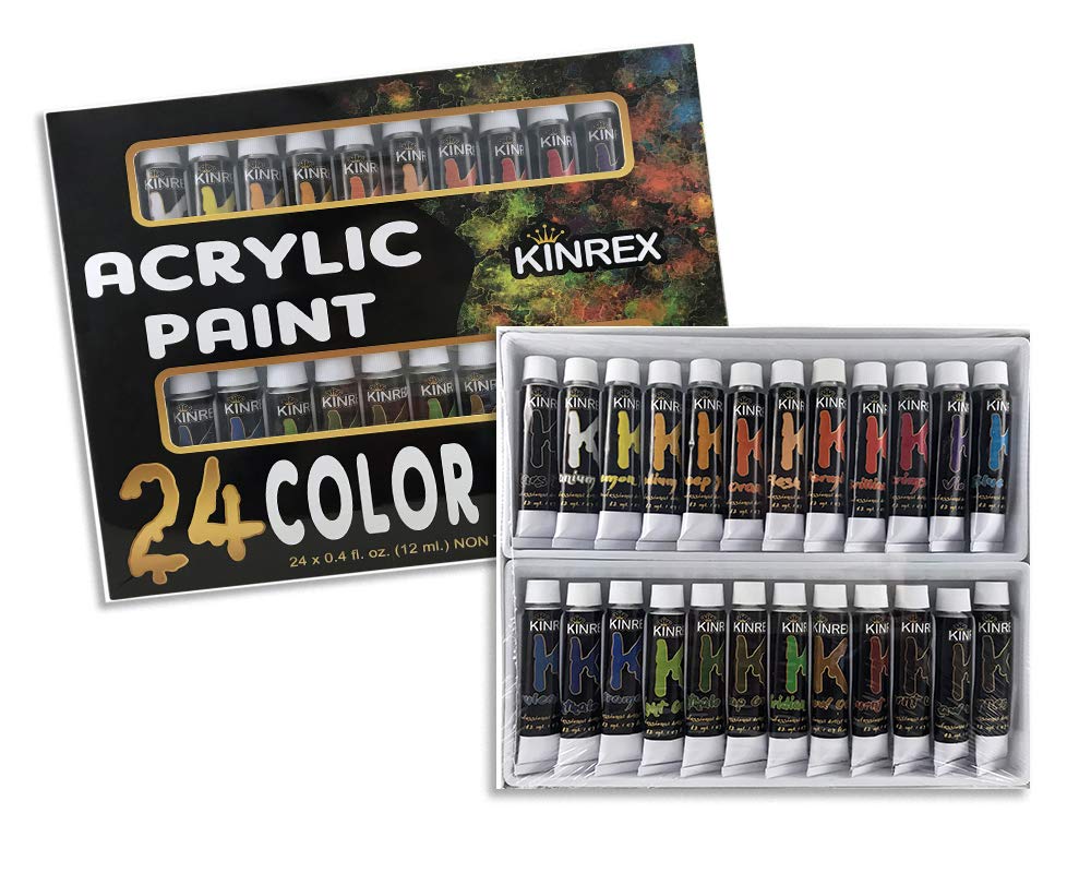 KINREX Acrylic Paint Set - 24 Color Art Set - 12 ml Each - Non Toxic and Vibrant Colors - Best Craft Gift for Adults and Kids