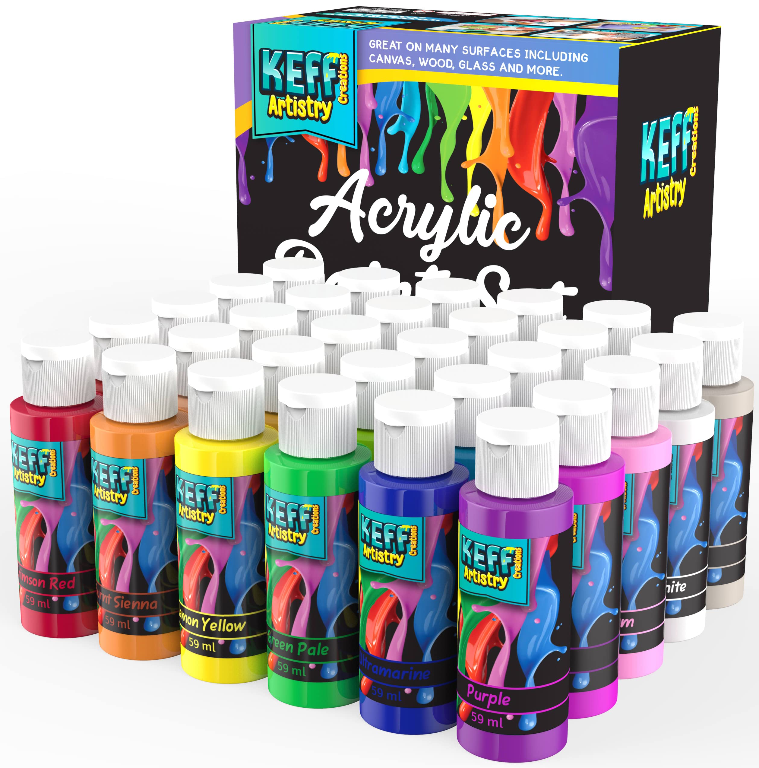 KEFF Acrylic Paint Set - 30 Color Bottles 2oz 59ml Art Supplies for Craft, Canvas, Wood, Clay, Rock, Outdoor, Pour Paints - Non Toxic Painting Kit for Adults