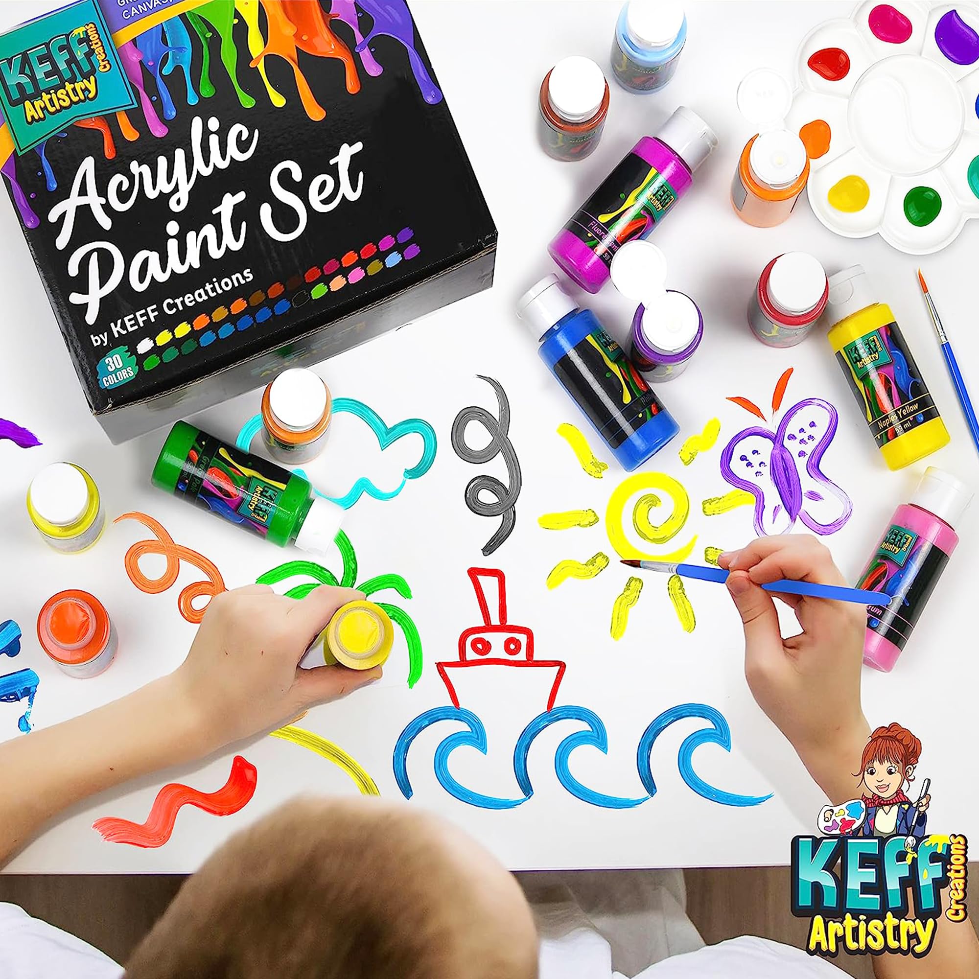 KEFF Acrylic Paint Set - 30 Color Bottles 2oz 59ml Art Supplies for Craft, Canvas, Wood, Clay, Rock, Outdoor, Pour Paints - Non Toxic Painting Kit for Adults