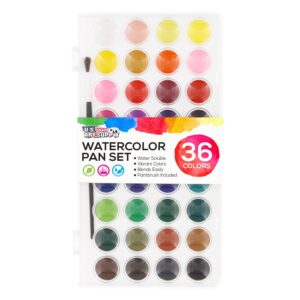 u.s. art supply 36 color watercolor artist paint set with plastic palette lid case and paintbrush - watersoluable cakes