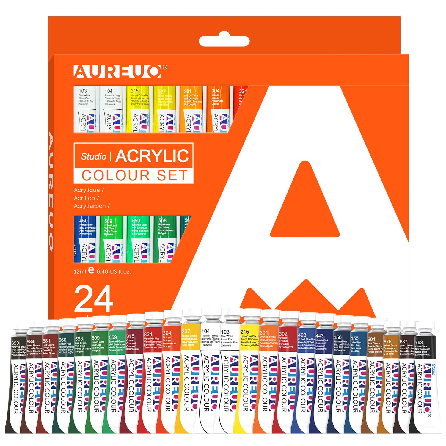 AUREUO Acrylic Paint Set 24 x 12ml / 0.4 Fl Oz Tubes Non-toxic Christmas Color Paints for Canvas, Wood, Craft Painting Supplies for Students & Beginners