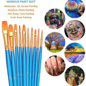 BOSOBO Paint Brush Set, 10pcs Round Pointed Tip Nylon Hair Artist Detail Paintbrushes, Professional Fine Acrylic Oil Watercolor Brushes for Face Nail Body Art Craft Model Miniature Painting, Blue
