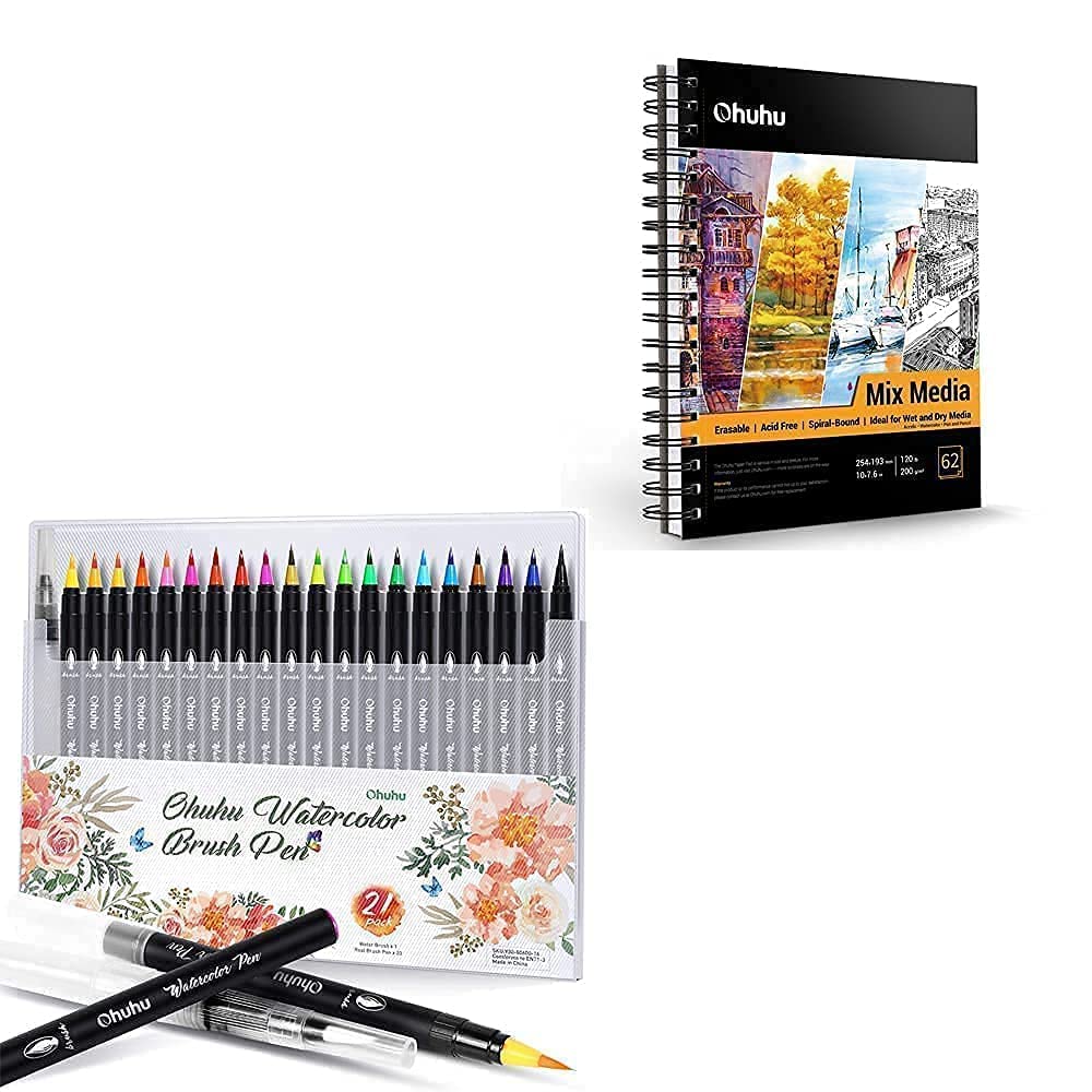 Ohuhu Watercolor Brush Markers Pen Set of 24, Water Based Drawing Marker Brushes W/A Water Coloring Brush+Mix Media Pad, 10"×7.6" Mixed Media Art Sketchbook