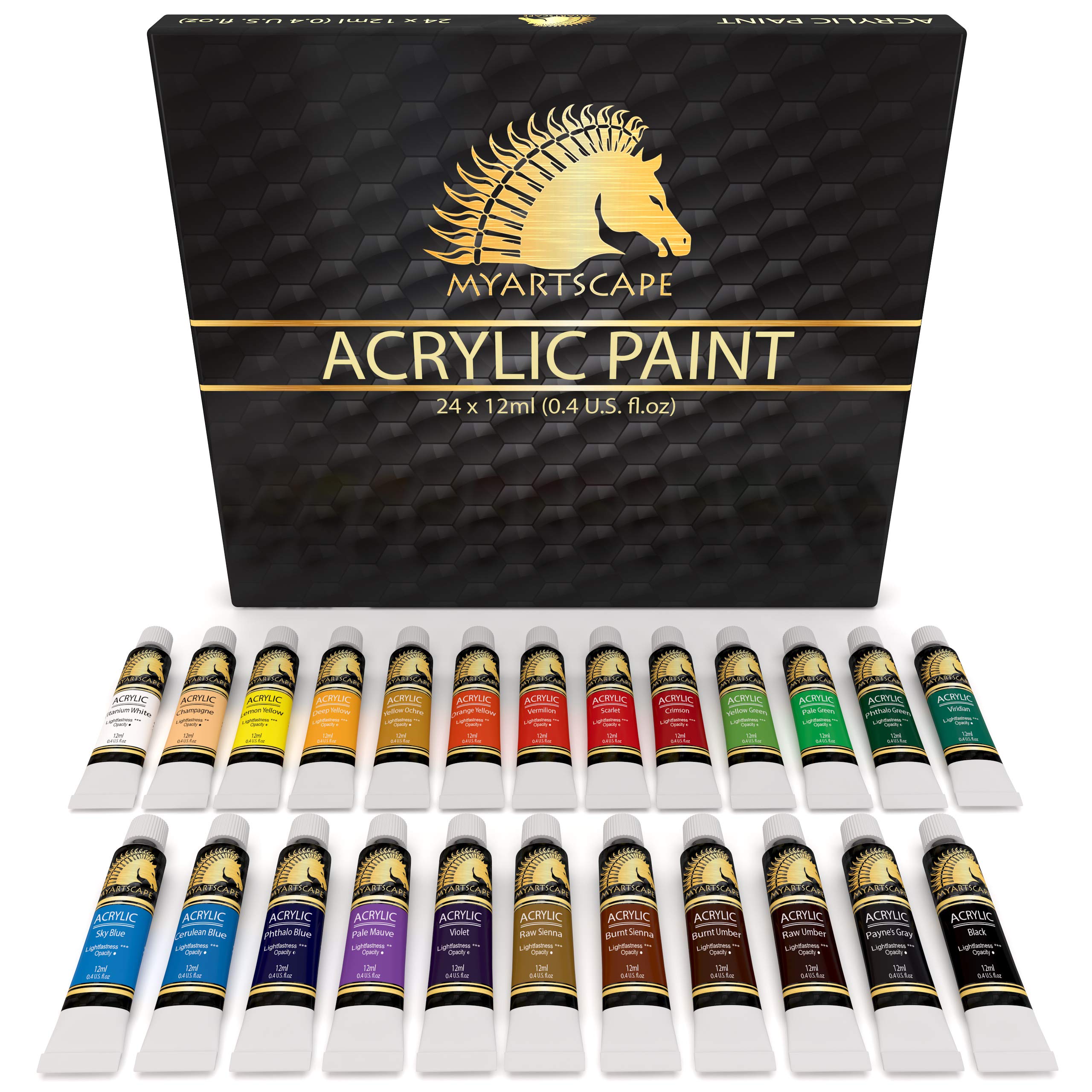 MyArtscape Acrylic Paint Set - 24 x 12ml Tubes - Lightfast - Heavy Body - Long Lasting - Vibrant Colors - Professional Art Supplies - Artist Quality Paints