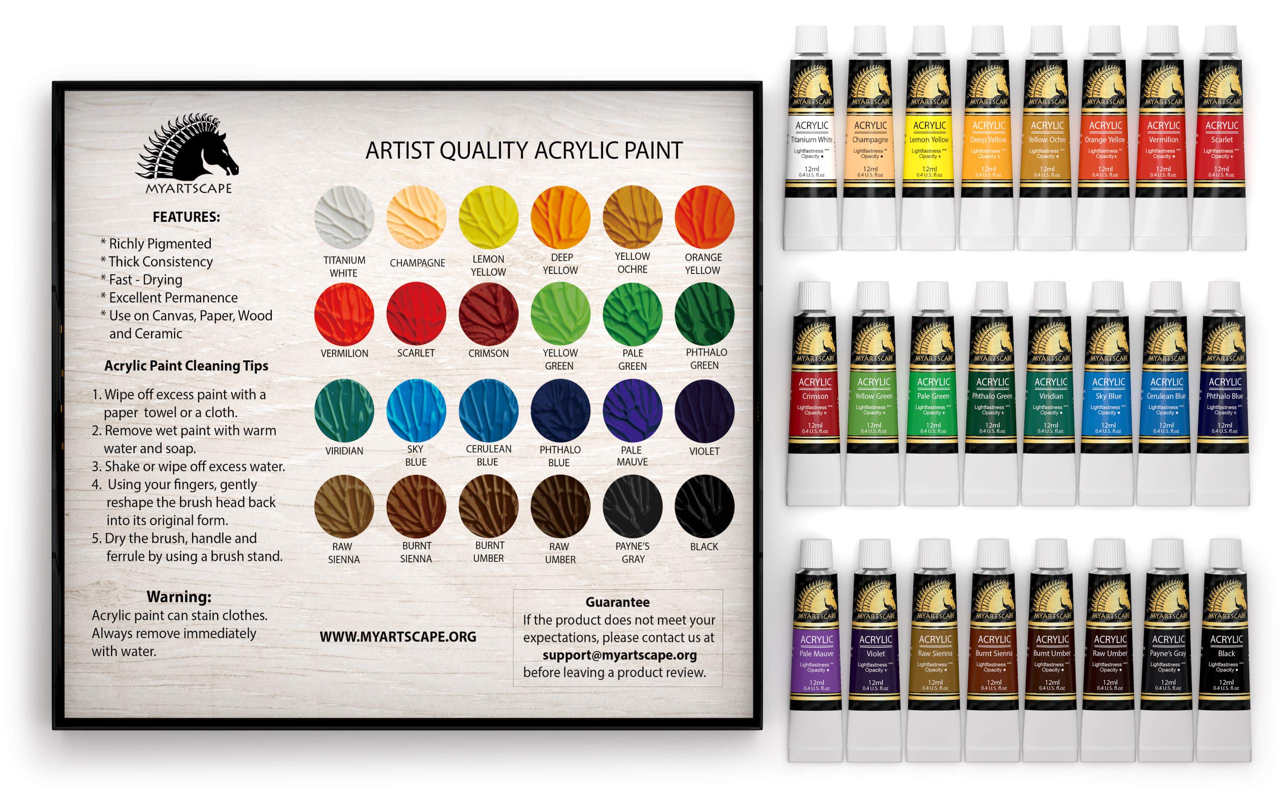 MyArtscape Acrylic Paint Set - 24 x 12ml Tubes - Lightfast - Heavy Body - Long Lasting - Vibrant Colors - Professional Art Supplies - Artist Quality Paints