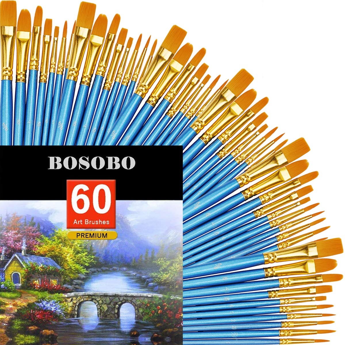 BOSOBO Paint Brush Sets, 6 Pack 60 Pcs Pointed-Round Tip Paintbrushes Nylon Hair Artist Acrylic Paint Brushes for Acrylic Watercolor Oil, Face Art, Model, Miniature Detailing & Rock Painting, Blue