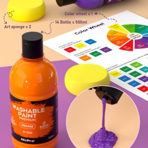 Nicpro 14 Colors Large Washable Paint Set for Kid (16.9 oz,500 ml), Acrylic Bulk Paint Supplies Non Toxic Children Tempera Paint for Art, Craft DIY, Poster & Finger Paint, School, Home,Classroom